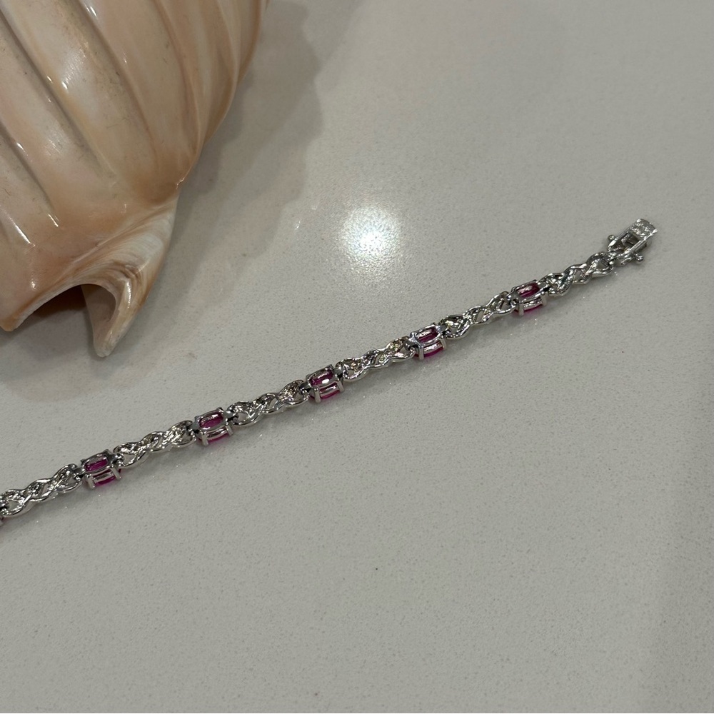 Sterling Silver 925 Hot Pink Topaz Gemstone Oval Tennis Bracelet 7.5” Length - Picture 10 of 12